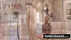 Stepmom and stepdaughter kiss and fuck in the shopping store!