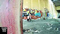 Couple fucks hard against street wall