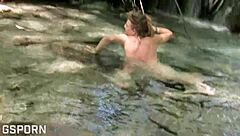 Is the sexy natural 18 yo girl masturbating her wet hairy pussy in the forest?