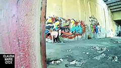 Couple fucks hard against street wall