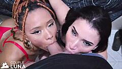 Emotional threesome with black and white girls taking big cock