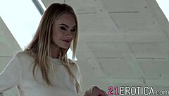 Blonde babe seduces guy with sensual foreplay