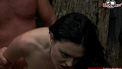 Intense outdoor anal threesome with double penetration for the curvy slut