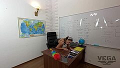 Teacher roughly takes big cock dildo.