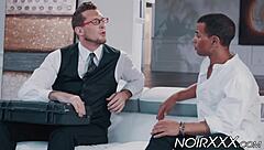 The handsome businessman passionately rims and fucks the hunky black gay.