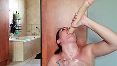 Gathering Saliva While Repeatedly Fucking Throat With Double Ended Dildo In Saliva Fetish.