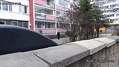 Natural European amateur engages in public activities with pickup partner