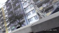 Natural European amateur engages in public activities with pickup partner