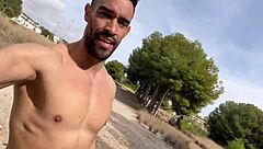 Big cock stud jerking off on public trail public cumshot