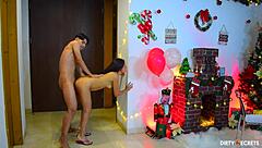 Stepmother seduces stepson for steamy Christmas kitchen action