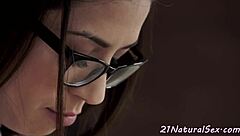 busty spex babe says, screw me missionary with my glasses on