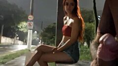 Risky Street Handjob for Hot Redhead at Bus Stop?
