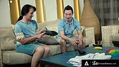 Redhead MILF with big ass and tits gives blowjob, bent over for creampie POV.