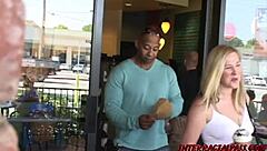 Redhead MILF with big ass and tits gives blowjob, bent over for creampie POV.