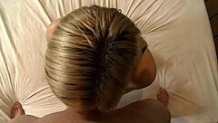 Redhead MILF with big ass and tits gives blowjob, bent over for creampie POV.