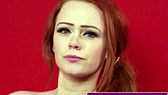 Redhead MILF with big ass and tits gives blowjob, bent over for creampie POV.