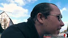 Redhead MILF with big ass and tits gives blowjob, bent over for creampie POV.