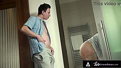 Redhead MILF with big ass and tits gives blowjob, bent over for creampie POV.