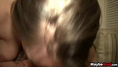 Redhead MILF with big ass and tits gives blowjob, bent over for creampie POV.