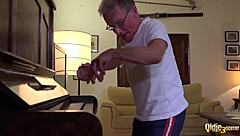 Redhead MILF with big ass and tits gives blowjob, bent over for creampie POV.