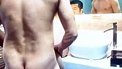 Gay asian amateur couple engages in handsome bareback fucking with blowjob and riding