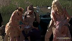 Redhead MILF with big ass and tits gives blowjob, bent over for creampie POV.