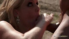 Redhead MILF with big ass and tits gives blowjob, bent over for creampie POV.