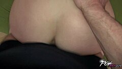 Redhead MILF with big ass and tits gives blowjob, bent over for creampie POV.