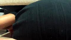 Redhead MILF with big ass and tits gives blowjob, bent over for creampie POV.