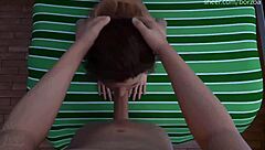 Redhead MILF with big ass and tits gives blowjob, bent over for creampie POV.