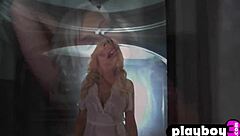 Big boobs blonde milf Lindsey Gayle Evans slowly takes off her lingerie to expose her amazing naked body