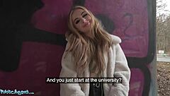 blonde british babe chats with agent outside in pov