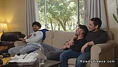 Muscular black hunk with big black cock fucks white roommate bareback in intense anal session