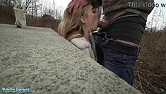 blonde british babe chats with agent outside in pov