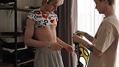 Two sweet twinks seduce a student with a big dick into anal sex.