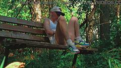 Blonde Amateur With Short Hair Gives Handjob Leading To Orgasm In Forest