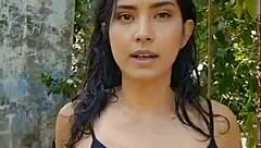 Beautiful Skinny Latina Brunette Presents in Forest with Wet Black Outfit