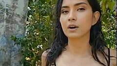 Beautiful Skinny Latina Brunette Presents in Forest with Wet Black Outfit