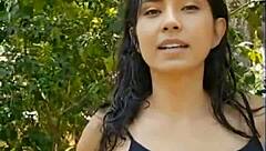 Beautiful Skinny Latina Brunette Presents in Forest with Wet Black Outfit
