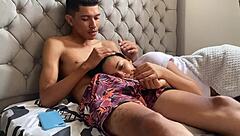 Teen stepsister plays with stepbrother's hard cock