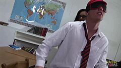 Naughty teacher surprises blindfolded guy with blowjob