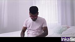 Ebony Colombian with huge ass fucks two gay friends outdoors, flashing big natural tits.