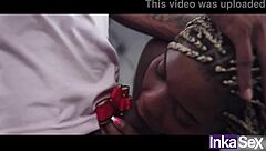 Ebony Colombian with huge ass fucks two gay friends outdoors, flashing big natural tits.