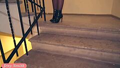 jeny smith sneaks naked into the office building, stripping in the elevator and on the stairs.