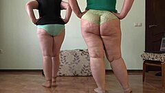 Two mature bbws do home fitness then undress to show plump legs in socks hairy pussy and feet fetish.