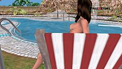 Cute girl masturbates with bottle by swimming pool in 3d cartoon