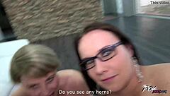 Three girls share sucking and cum from one cock in pov