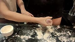 Milf Jerks Off Penis in Kitchen for Crazy Dinner