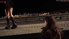 I watched these young amateurs have risky lesbian sex on the bridge, muff diving and playing with big tits