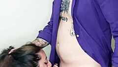 Petite teen receives cumshot in mouth during blowjob